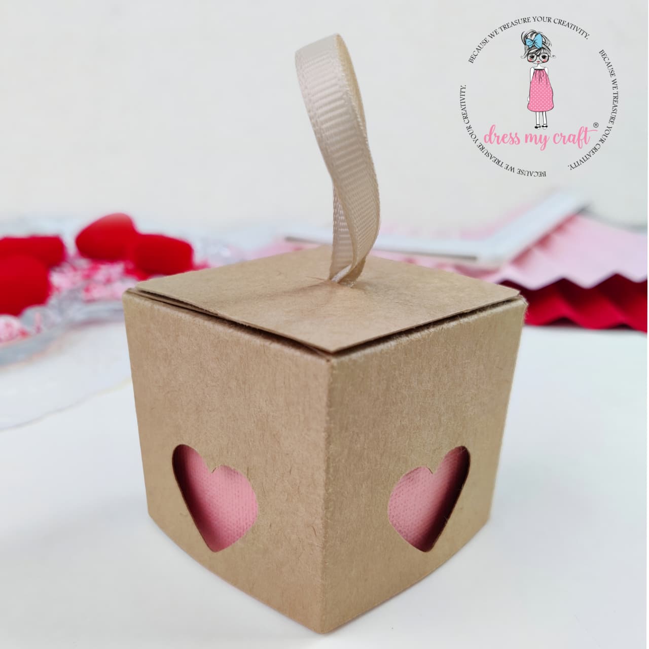 Kraft Heart Window Gift Box with Ribbon Handle