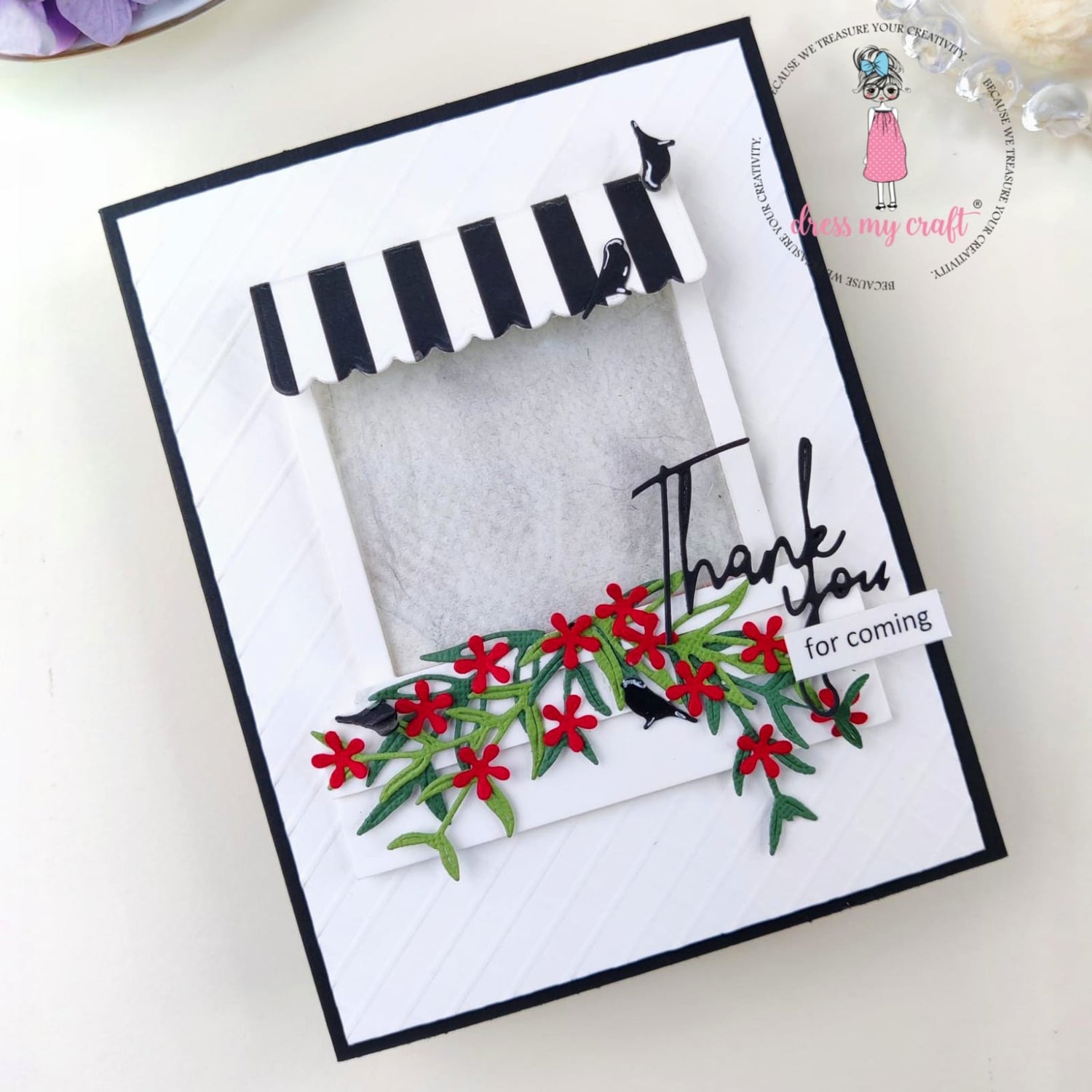 BLACK AND WHITE WINDOW CARD WITH BIRDS