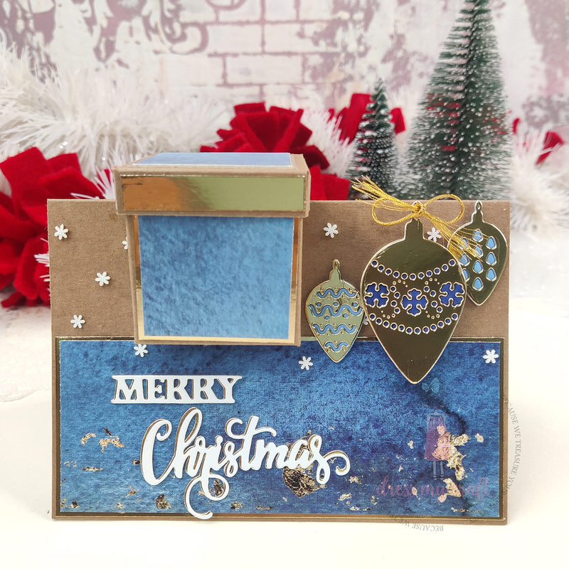 3D Gift Box Christmas Greeting Card – Blue & Gold Edition
